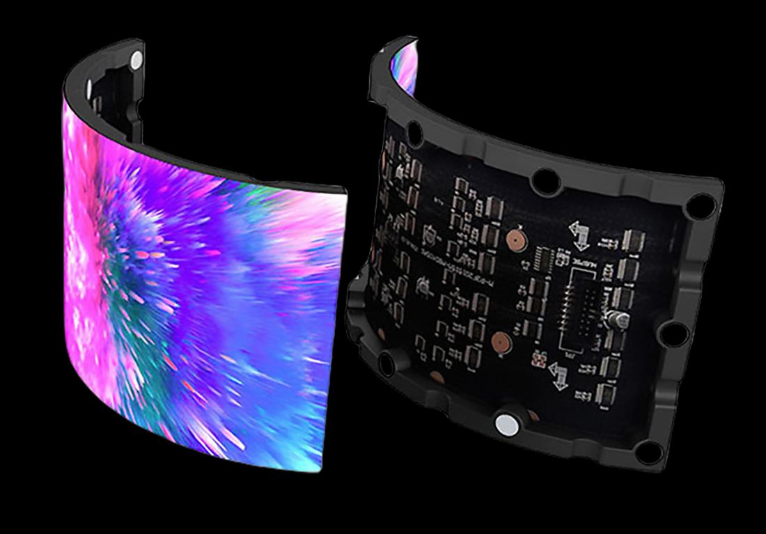 Flexible LED screen bent into a smooth curve