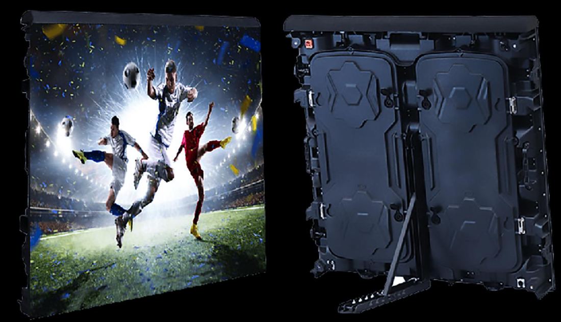 Stadium perimeter LED advertising boards beside a football pitch